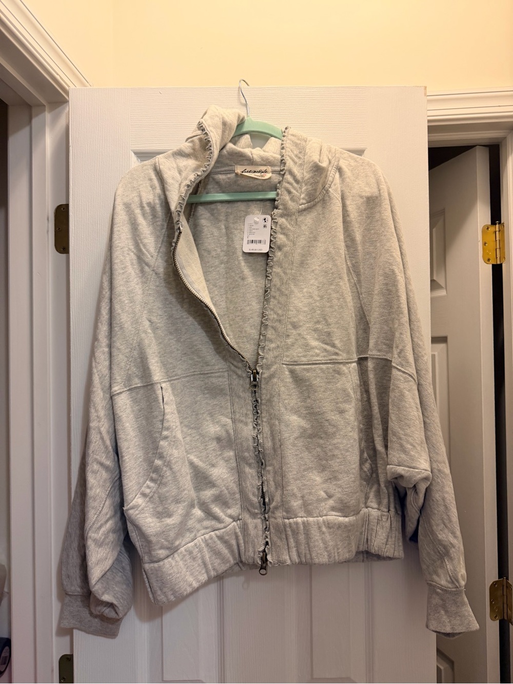 Free People Light Gray Zip-Up Hoodie ruffle zipper